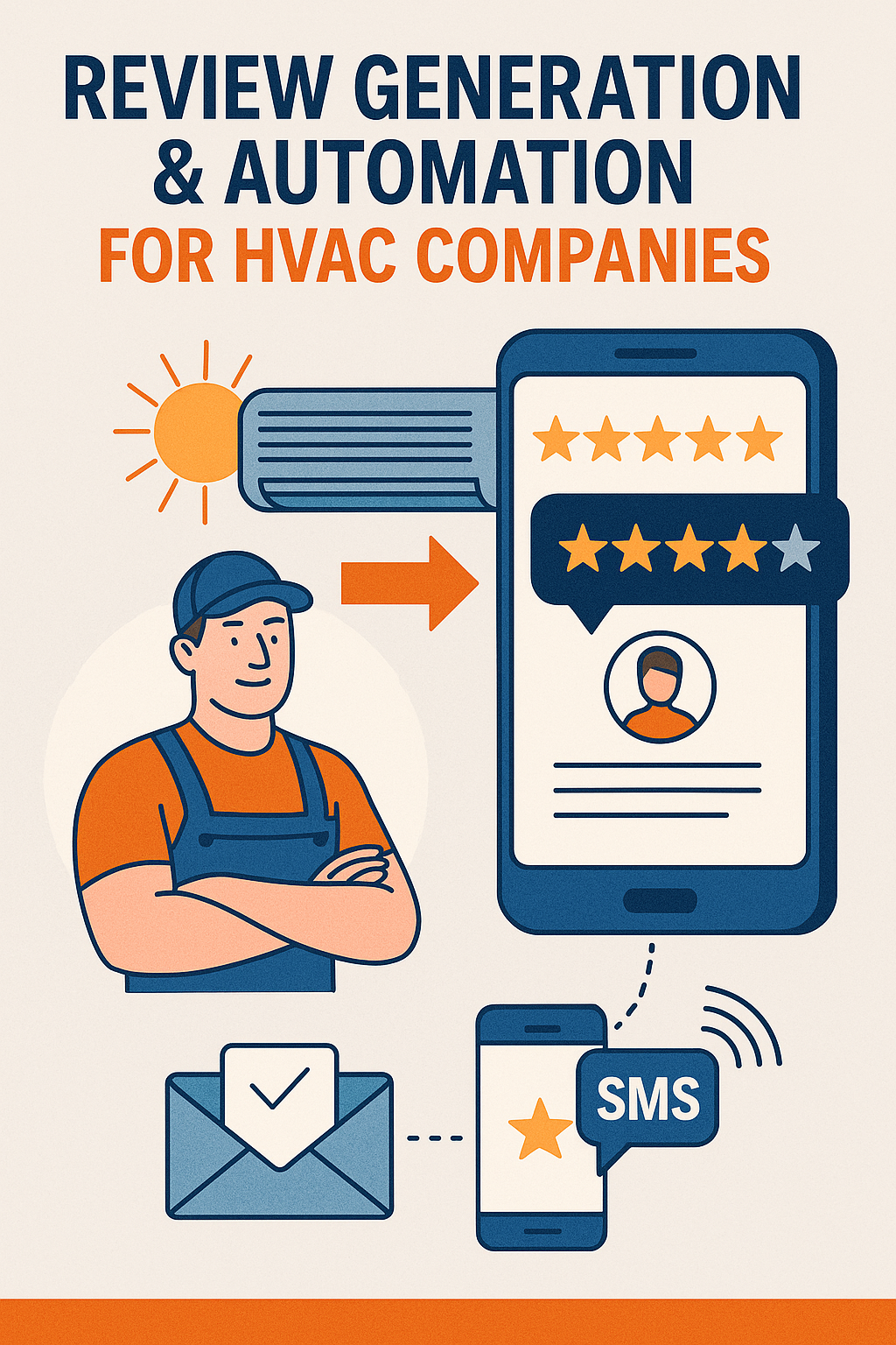 Infographic showing an HVAC technician and a smartphone displaying 5-star reviews, illustrating automated review generation through email and SMS.